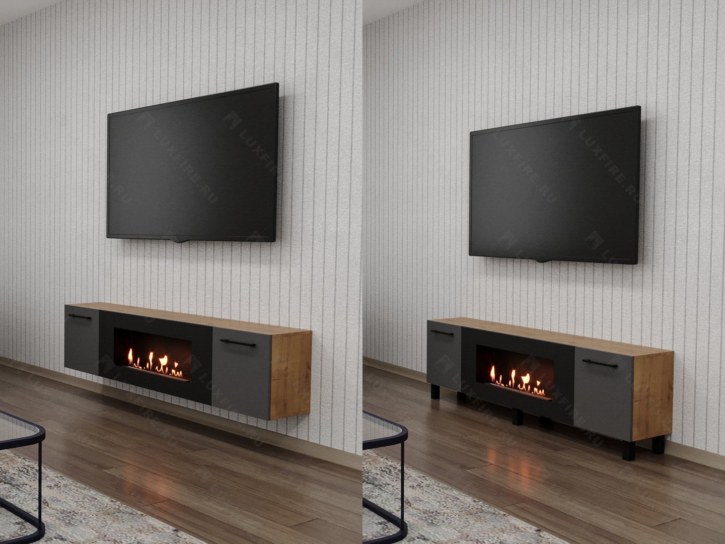 Тумба универсальная Lux Fire "Байкал Р" с ножками 1600, дуб вотан/графит матовый с биокамином 900 Тумба универсальная Lux Fire "Байкал Р" с ножками 1600, дуб вотан/графит матовый с биокамином 900